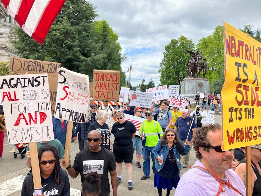 caption: The "No Kings" protest in Olympia, Washington, on June 14, 2025.