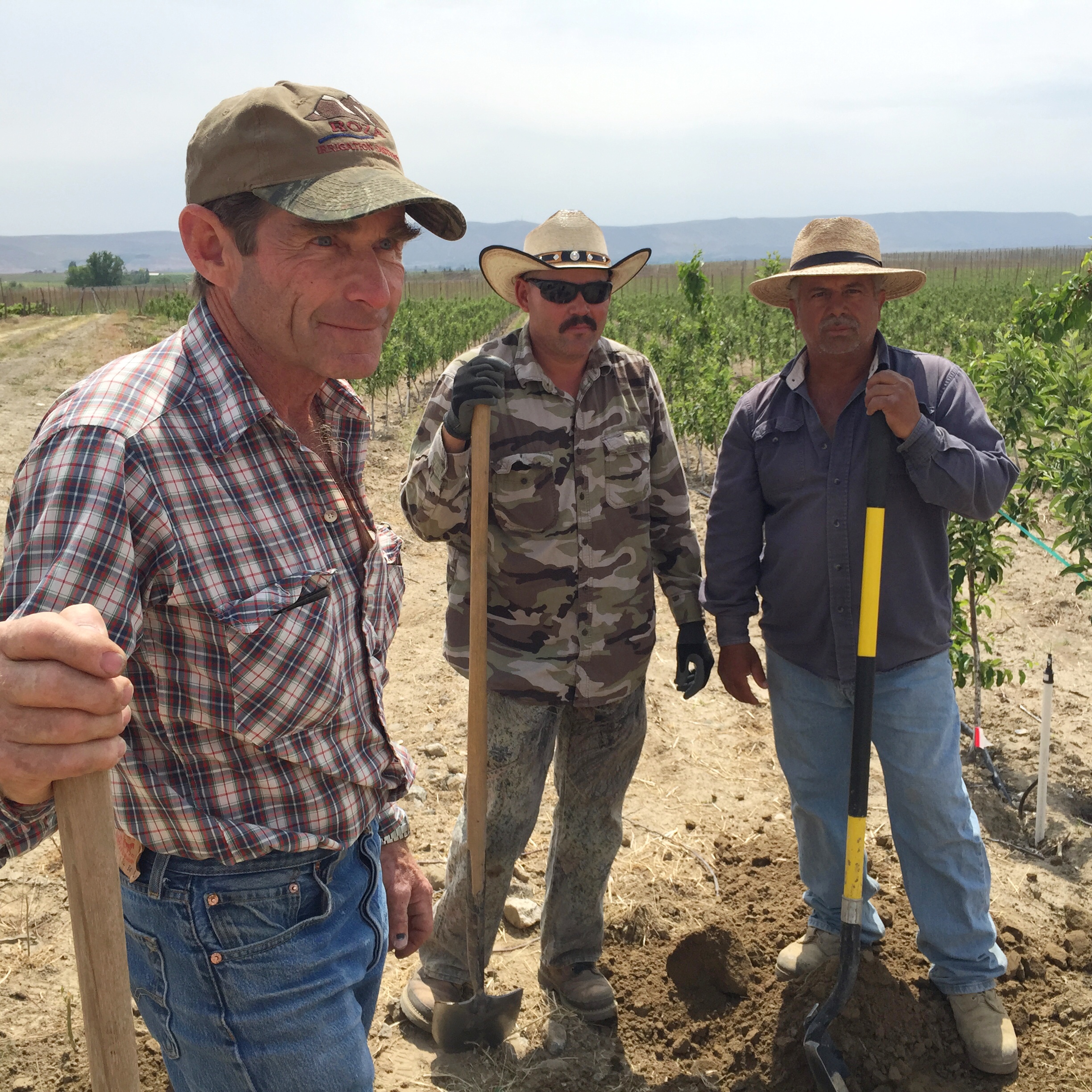 caption: Jim Willard, Juan Manel and Leobardo Magana worked to adjust irrigation systems for the short water year on a farm outside of Prosser, Wash.