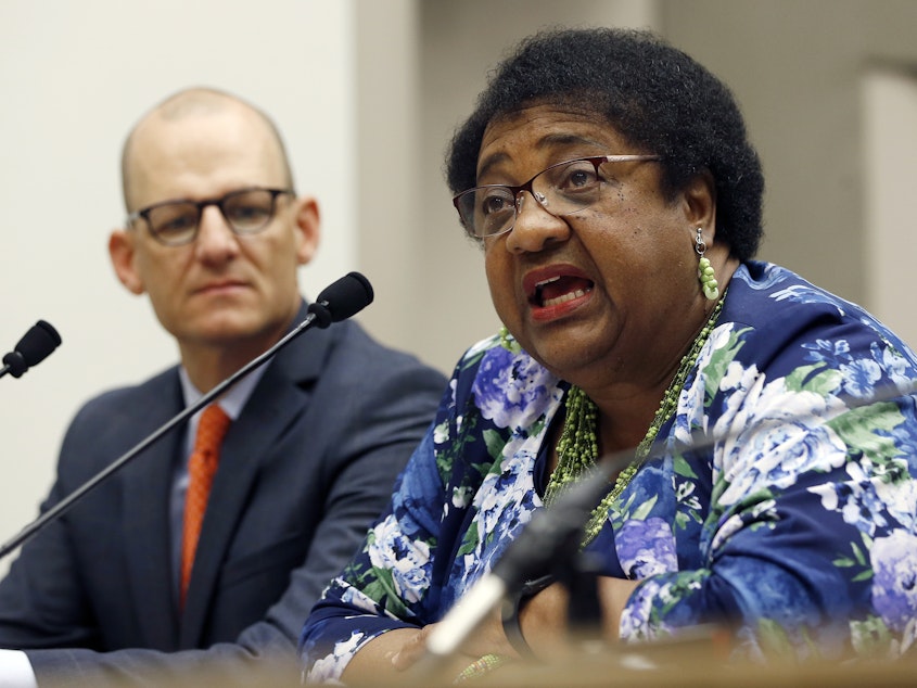 caption: California's new lethal force bill "changes the culture of policing," Assemblywoman Shirley Weber said Monday. She's seen here in April, alongside Assemblyman Kevin McCarty, the bill's co-author.