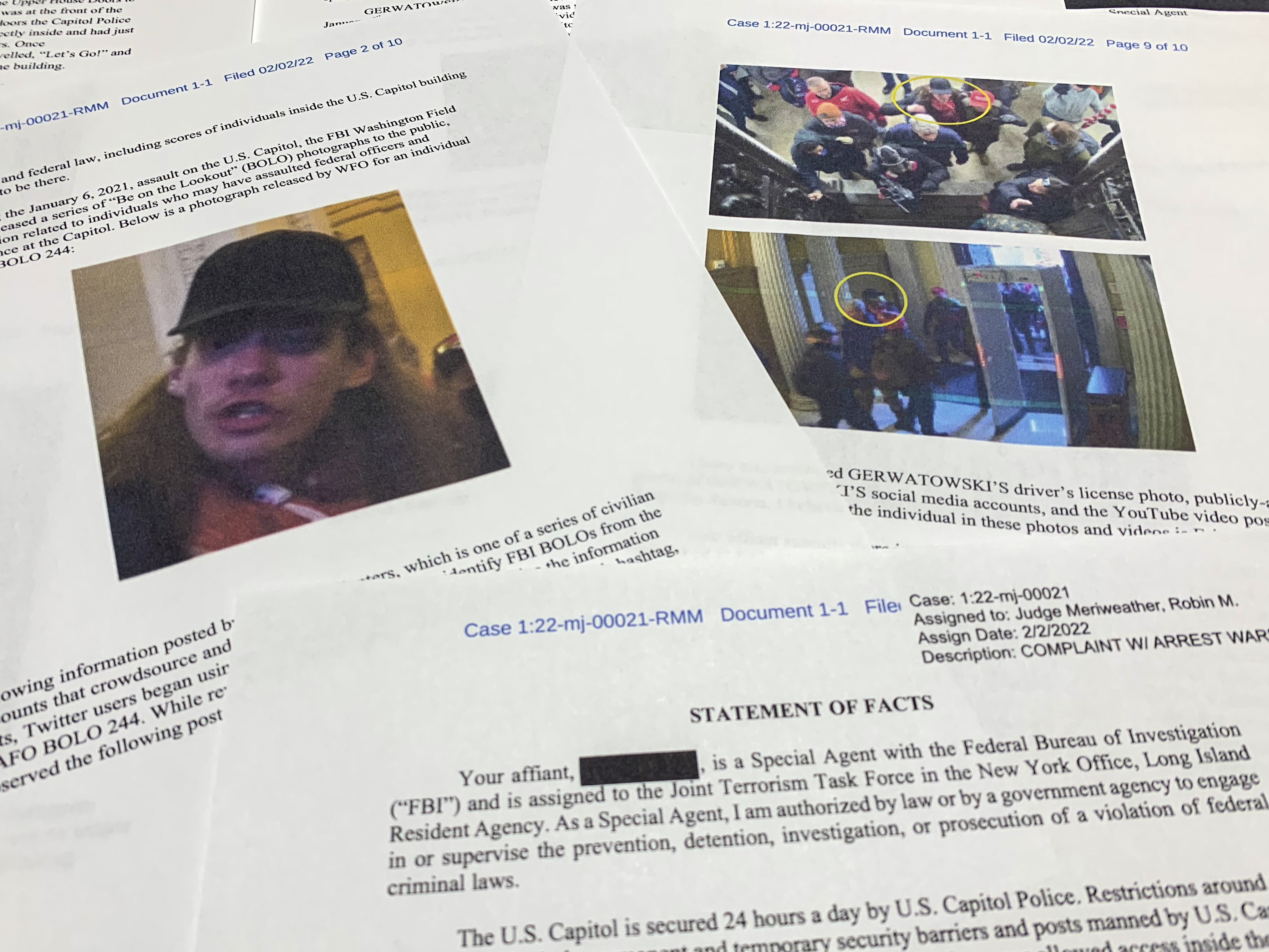 caption: The statement of facts supporting the arrest Tuesday of Eric Gerwatowski, 31, of New Hyde Park, N.Y., on charges stemming from last year's riot at the U.S. Capitol, is shown here.