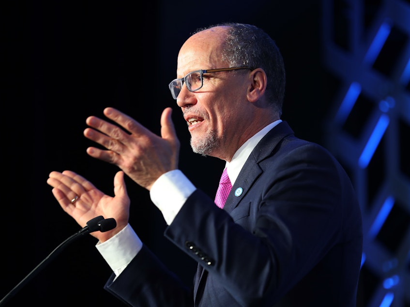 caption: Tom Perez, Democratic National Committee chairman, speaks on Feb. 29 in Charlotte, N.C. Democrats are arguing over the future of the party after losses in the House.