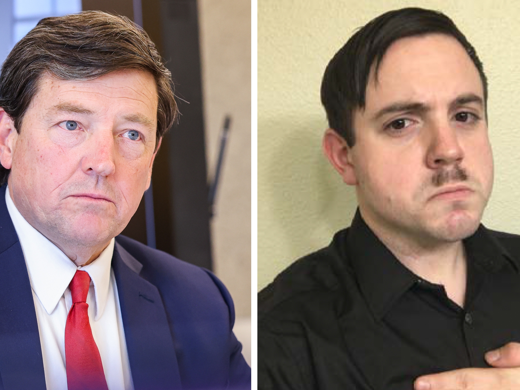 caption: Left: Interim U.S. Attorney for the District of Columbia Edward Martin during an Anacostia Coordinating Council monthly meeting in Washington, D.C., on March 25. Right: Timothy Hale-Cusanelli with a mustache resembling Adolf Hitler's in photos recovered from his cellphone by the Department of Justice.