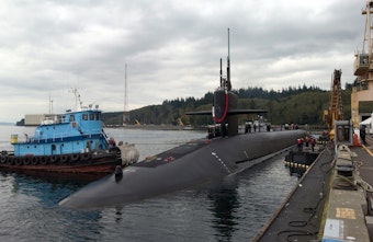 caption: The Trident nuclear submarine USS Nebraska at Naval Base Kitsap-Bangor in 2004.