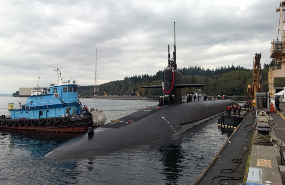 caption: The Trident nuclear submarine USS Nebraska at Naval Base Kitsap-Bangor in 2004.
