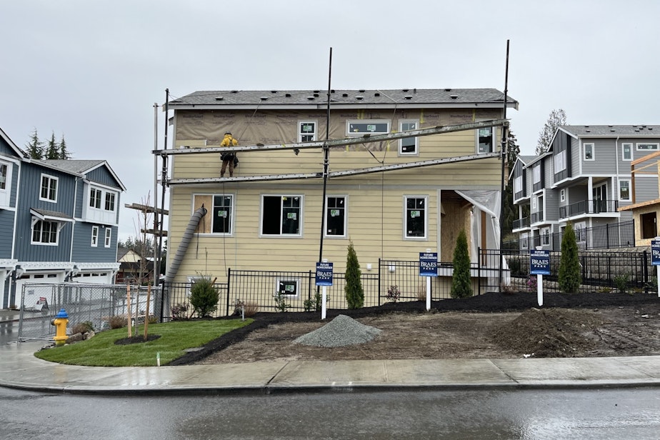 caption: A townhome under construction at the Braes Park development in Edmonds, Washington