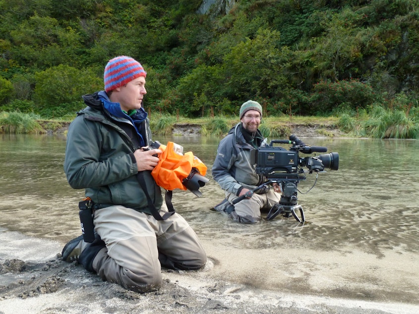 caption: Jeff Wilson and Mark Smith filming bears.