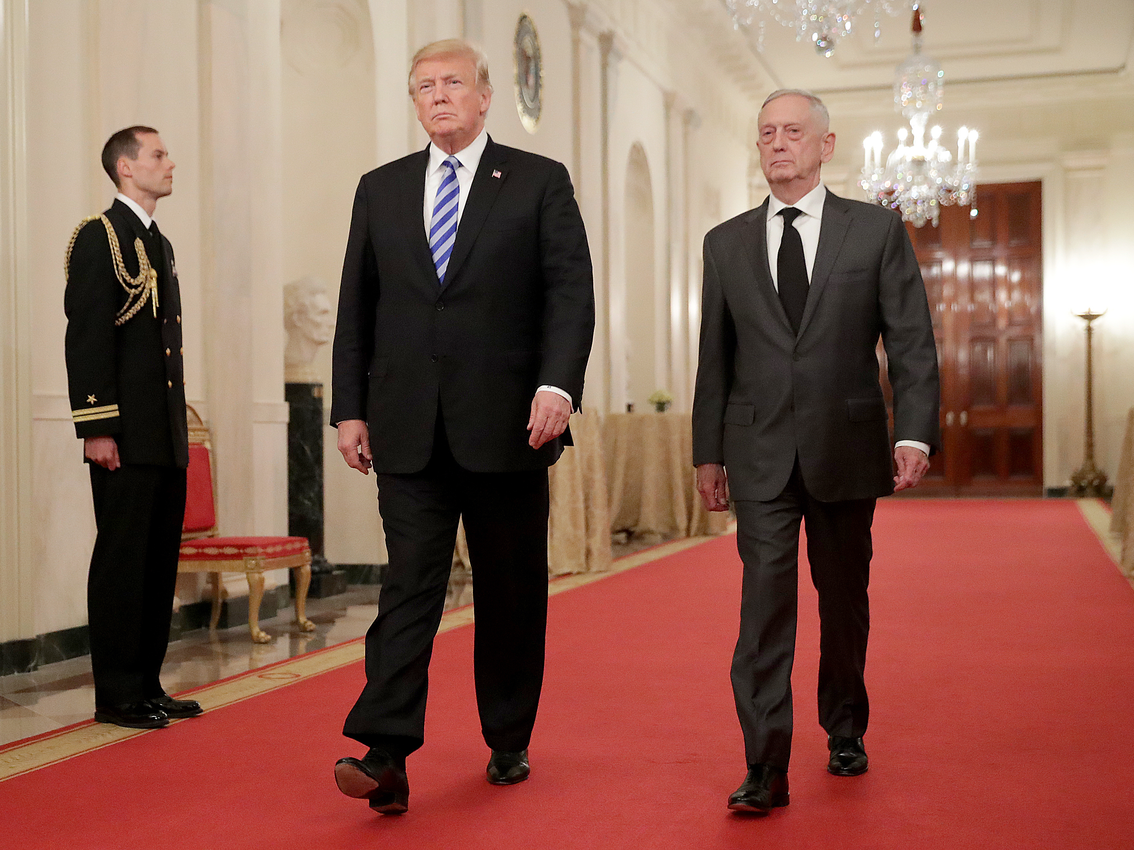 caption: President Trump and Defense Secretary James Mattis at the White House in October. Mattis will be replaced by Deputy Defense Secretary Patrick Shanahan on Tuesday.