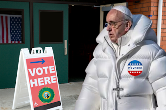 caption: A fake image of Pope Francis wearing a stylish puffy coat and an "I Voted" sticker appears to be walking door an open door. A sign that says "VOTE HERE" with the Washington state seal is pointing toward the open door. 