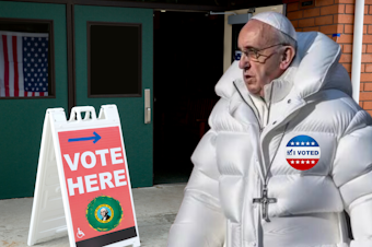 caption: A fake image of Pope Francis wearing a stylish puffy coat and an "I Voted" sticker appears to be walking door an open door. A sign that says "VOTE HERE" with the Washington state seal is pointing toward the open door. 