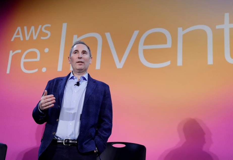caption: In this Dec. 5, 2019, file photo, AWS CEO Andy Jassy, discusses a new initiative with the NFL during AWS re:Invent 2019 in Las Vegas. 