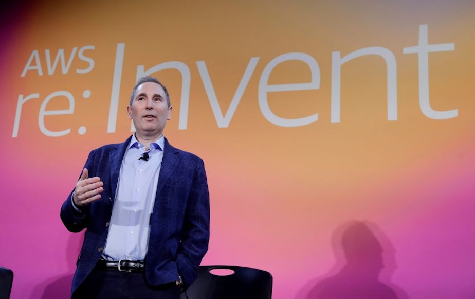 caption: In this Dec. 5, 2019, file photo, AWS CEO Andy Jassy, discusses a new initiative with the NFL during AWS re:Invent 2019 in Las Vegas. 