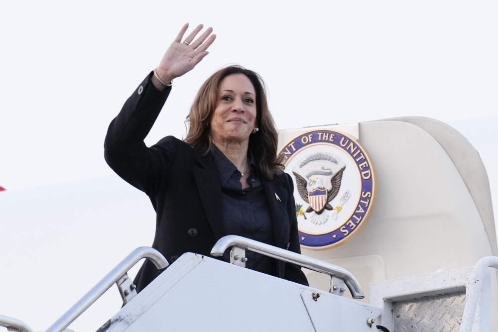 caption: Democratic presidential nominee Vice President Kamala Harris waves as she boards Air Force Two to depart Wilkes-Barre Scranton International Airport, in Scranton, Pennsylvania. (Jacquelyn Martin/AP)