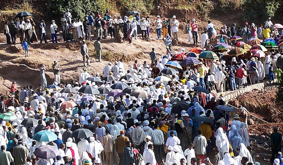 caption: A crowd of people in Lalibela, Ethiopia.