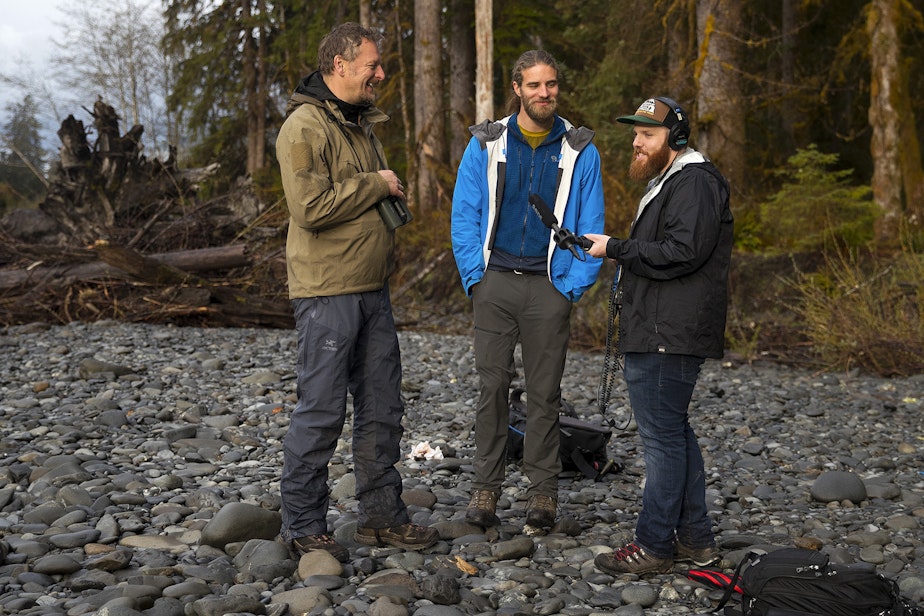 caption: From left, Chris Morgan, Matt Mikkelsen, and Matt Martin, record an episode of The Wild while hiking to One Square Inch of Silence on Friday, April 5, 2019, in the Hoh Rainforest on the Olympic Peninsula. 