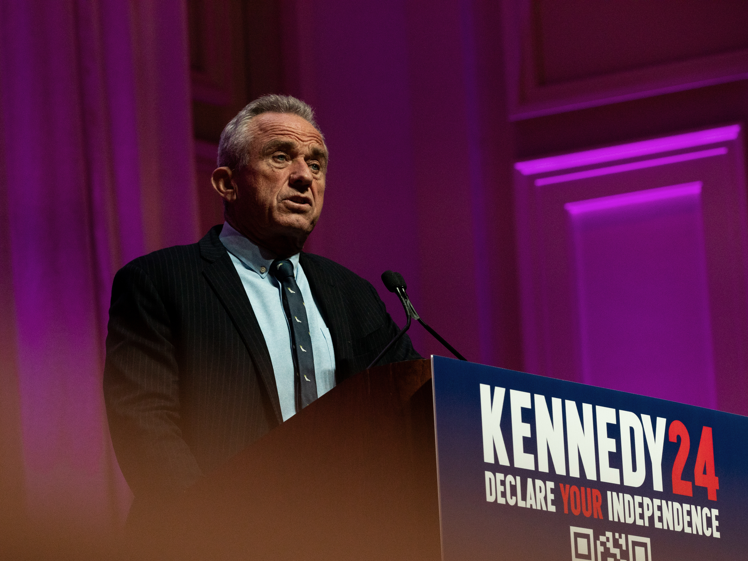 caption: Robert F. Kennedy Jr. speaks during a rally in Grand Rapids, Michigan.