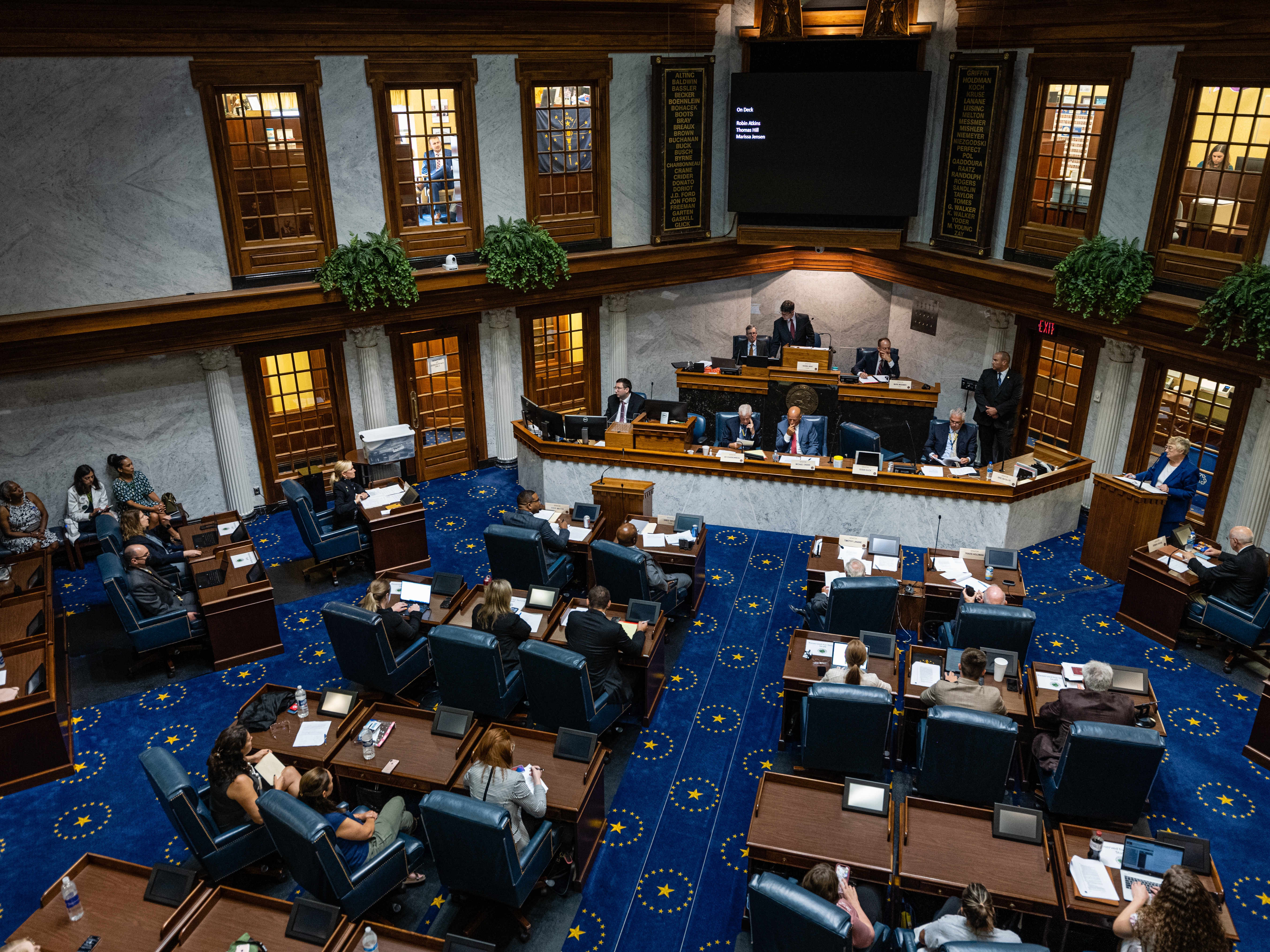 caption: Indiana state senators meet in the Senate chamber in the Indiana State Capitol building on July 25, 2022, in Indianapolis, Indiana.