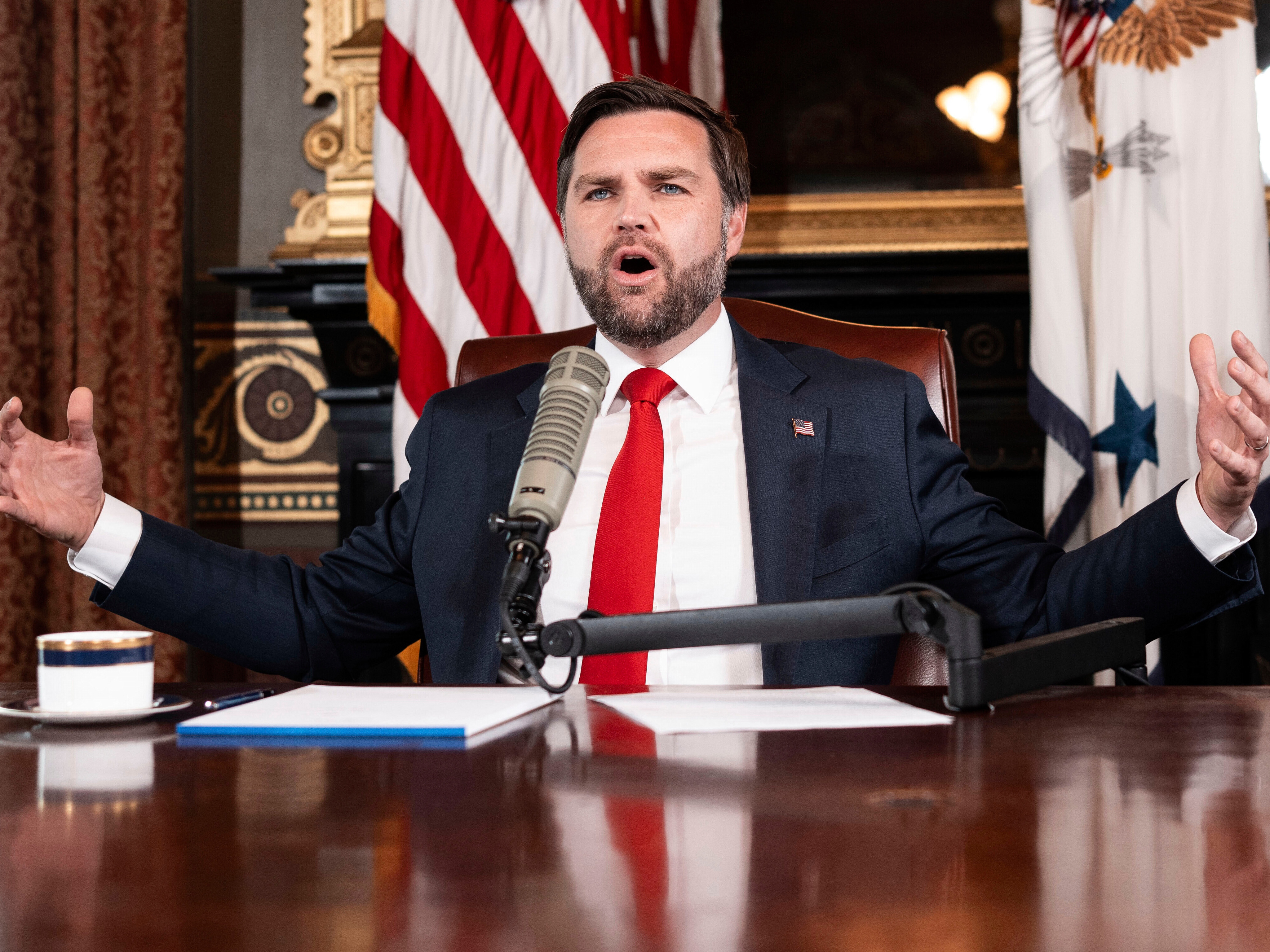 caption: Vice President Vance hosts an episode of <em>The Charlie Kirk Show</em> at the White House on Sept. 15, 2025, following the assassination of the show's namesake.