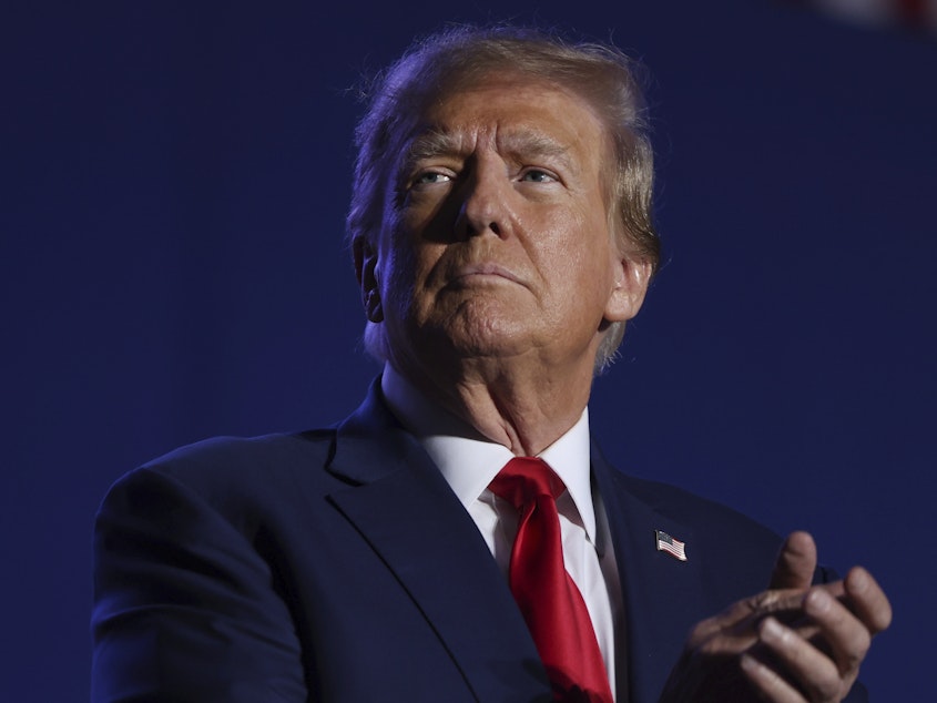 caption: Former President Donald Trump speaks at a campaign rally on Saturday in Durham, N.H. He is at the center of a few key questions that the Supreme Court could take on during the 2024 presidential election.