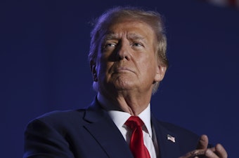 caption: Former President Donald Trump speaks at a campaign rally on Saturday in Durham, N.H. He is at the center of a few key questions that the Supreme Court could take on during the 2024 presidential election.