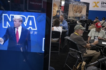 caption: Former President Donald Trump spoke at the NRA Annual Meetings & Exhibits in Houston, Texas on Friday.