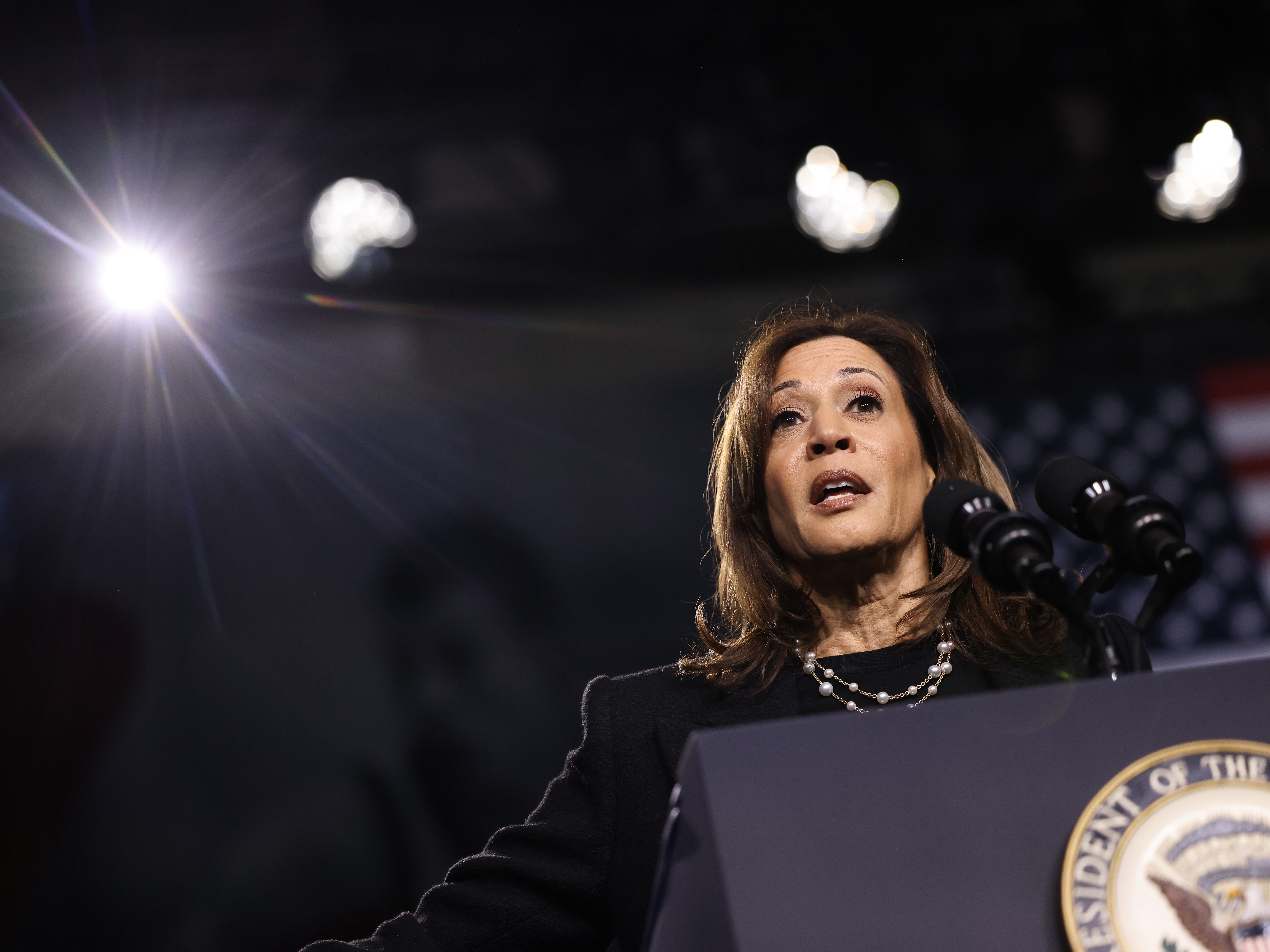 caption: Democratic presidential nominee, U.S. Vice President Kamala Harris holds a campaign rally on November 04, in Allentown, Pennsylvania.