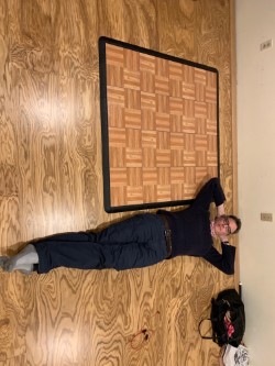 caption: In 2020, my daughter’s dance studio closed, leaving her and her METAL tap shoes with us at home. This is her Shuffle-Ball-Change floor.