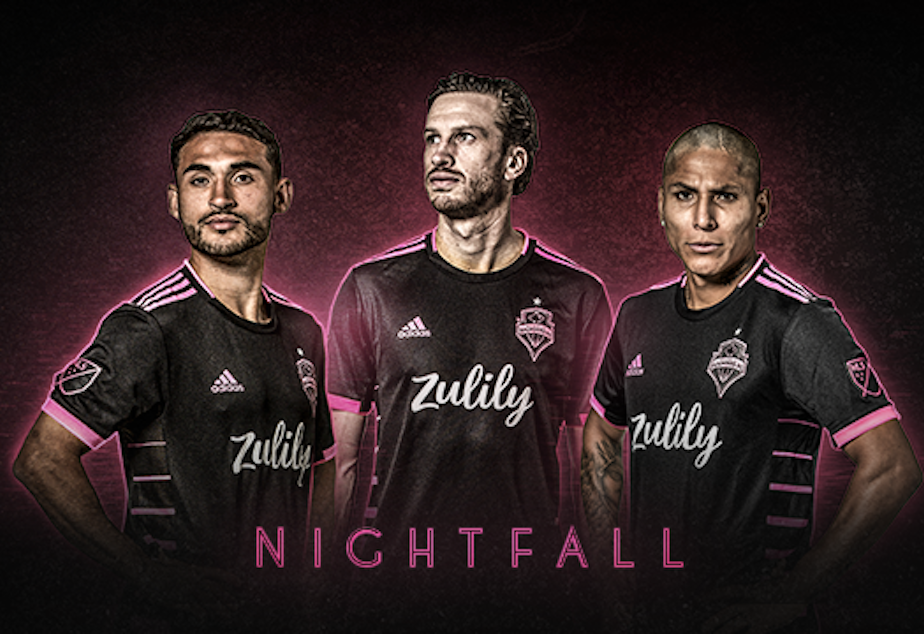 The new Zulily-branded Seattle Sounders jersey worn by players Cristian Roldan (L), Gustav Svensson and Raúl Ruidíaz (R)
