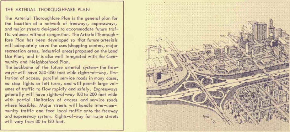 caption: An image from Seattle's 1956 comprehensive plan illustrating the city's focus on developing a system of highways that would feed car and bus commuters downtown.