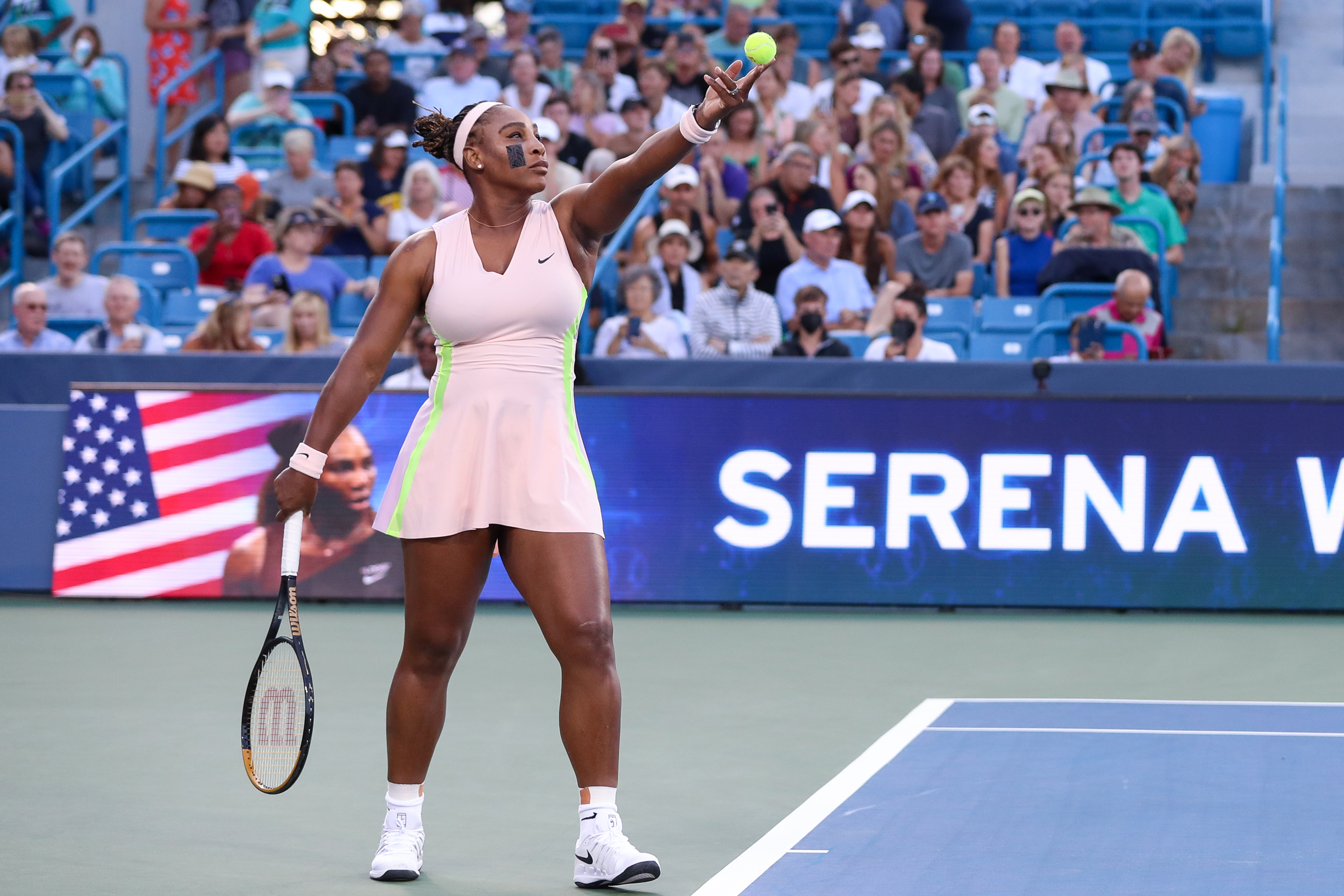 caption: Serena Williams of the United States warms up before her match during the Western & Southern Open on August 16, 2022, at the Lindner Family Tennis Center in Mason, OH. (Ian Johnson/Icon Sportswire via Getty Images)
