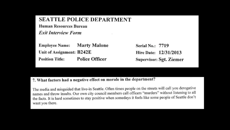 caption: Officer Marty Malone, hired in 2013, wrote in his exit survey that the media and "misguided that live in Seattle" were negative for morale in the police department. "Our own city council members call officers murderers," he wrote, referring to Councilmember Kshama Sawant.