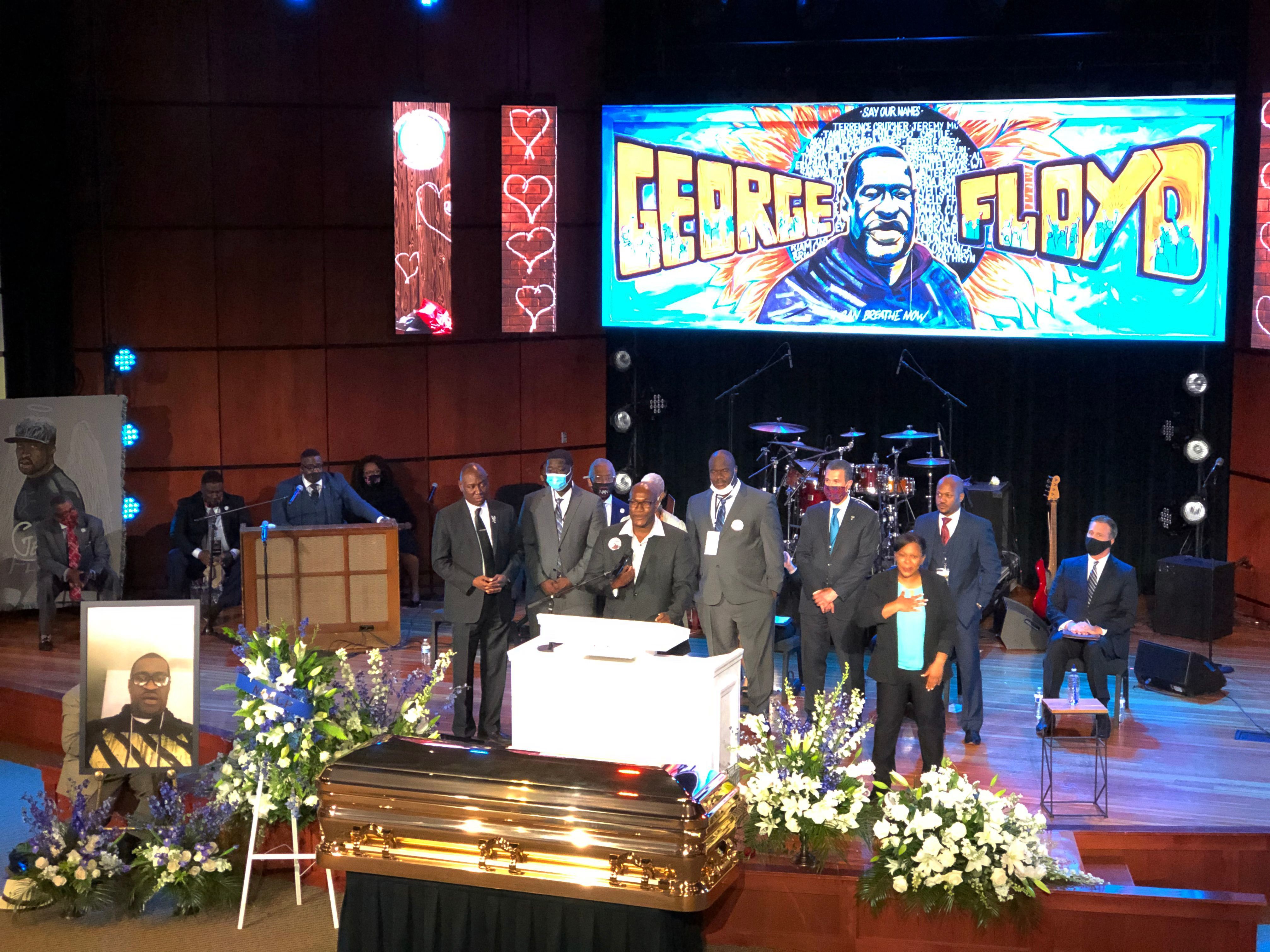 caption: Members of George Floyd's family, including his brother Philonise Floyd, spoke during a memorial service for Floyd on June 4 at North Central University's Frank J. Lindquist Sanctuary in Minneapolis.