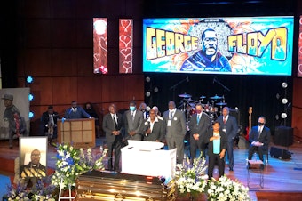 caption: Members of George Floyd's family, including his brother Philonise Floyd, spoke during a memorial service for Floyd on June 4 at North Central University's Frank J. Lindquist Sanctuary in Minneapolis.