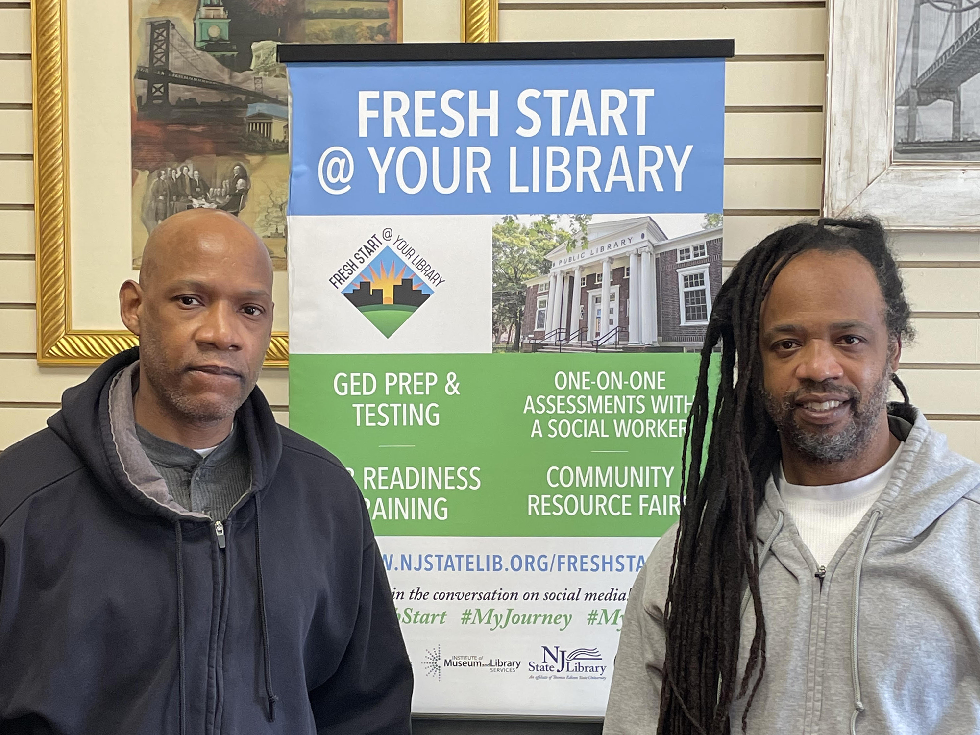 caption: Brothers Dennis (left) and Lee Horton were recently released from prison. The New Jersey Public Library's Fresh Start program has helped them navigate daily life and learn new technology that didn't exist in 1993.