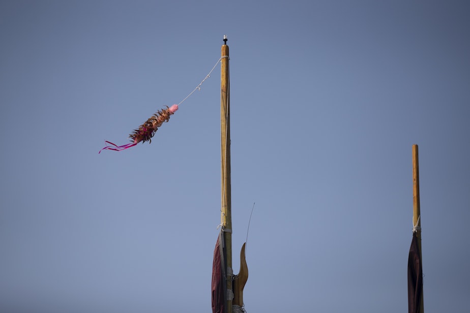 caption: A feather tied to the back mast of Polynesian canoe Hokule'a belongs to a family who lost their home in Maui, according to organizers, shown during a water welcome ceremony on Elliot Bay on Saturday, August 26, 2023, in Seattle. 