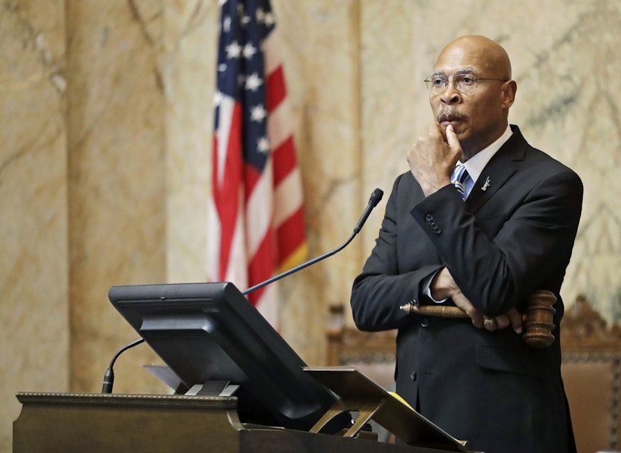 caption: Speaker Pro Tem John Lovick, D-Mill Creek, presides over a floor session of the House, Wednesday, Feb. 7, 2018, at the Capitol in Olympia, Wash., during the 2018 regular session of the Washington State Legislature.