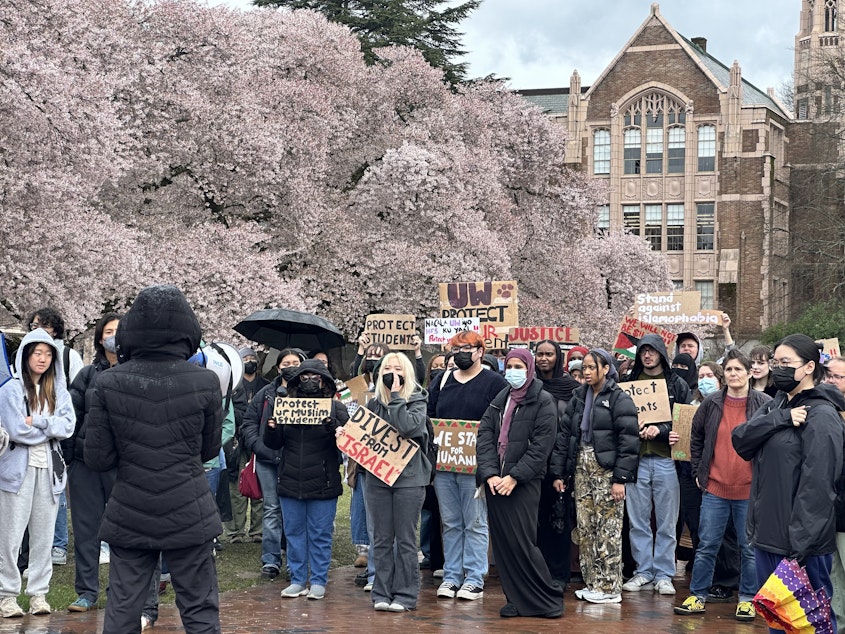 caption: More than 50 University of Washington students staged a walkout and protest Thursday, after the Somali and African student associations received racist, Islamophobic letters.