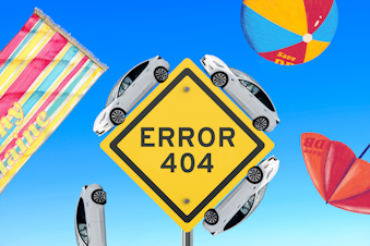 caption: Collage of Tesla cars driving on an "Error 404" hazard sign with an illustrated beach ball, towel, and umbrella in the background. The entire collage is against a blue gradient background. Photos courtesy of Istock and Canva.
