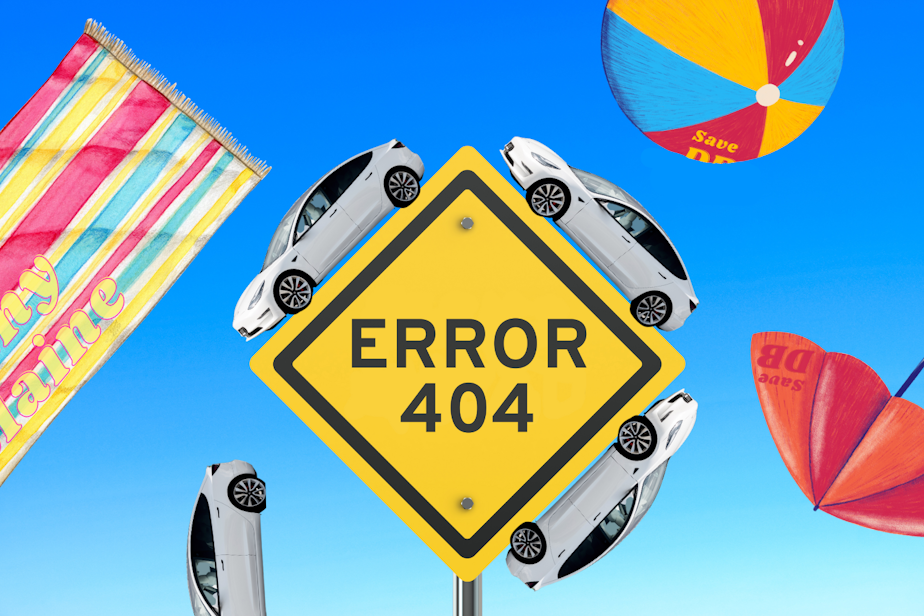 caption: Collage of Tesla cars driving on an "Error 404" hazard sign with an illustrated beach ball, towel, and umbrella in the background. The entire collage is against a blue gradient background. Photos courtesy of Istock and Canva.