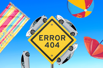 caption: Collage of Tesla cars driving on an "Error 404" hazard sign with an illustrated beach ball, towel, and umbrella in the background. The entire collage is against a blue gradient background. Photos courtesy of Istock and Canva.
