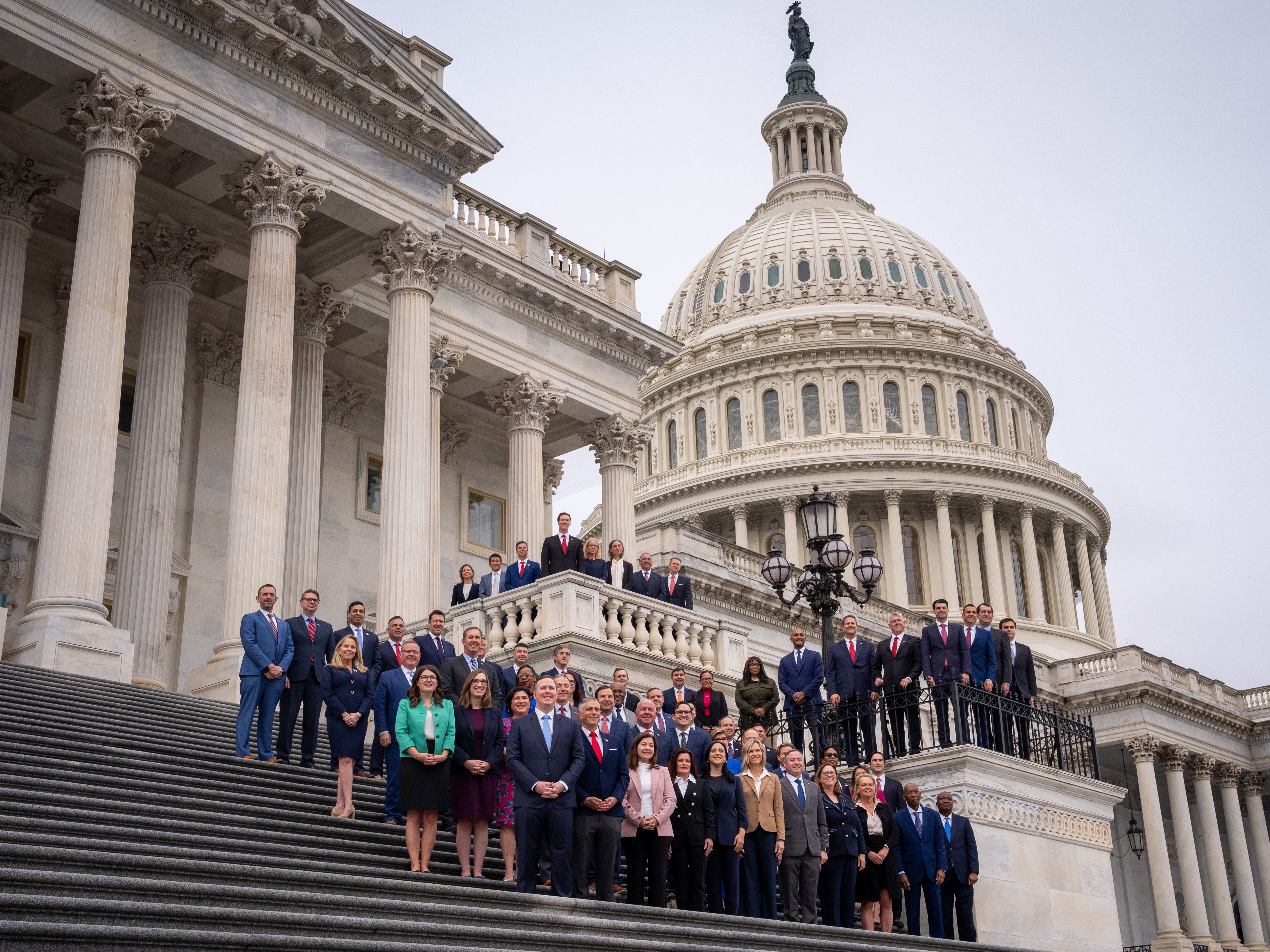 caption: Congressional freshmen of the 119th Congress pose on the steps of the House of Representatives of the U.S. Capitol on Nov. 15, 2024, in Washington, D.C.