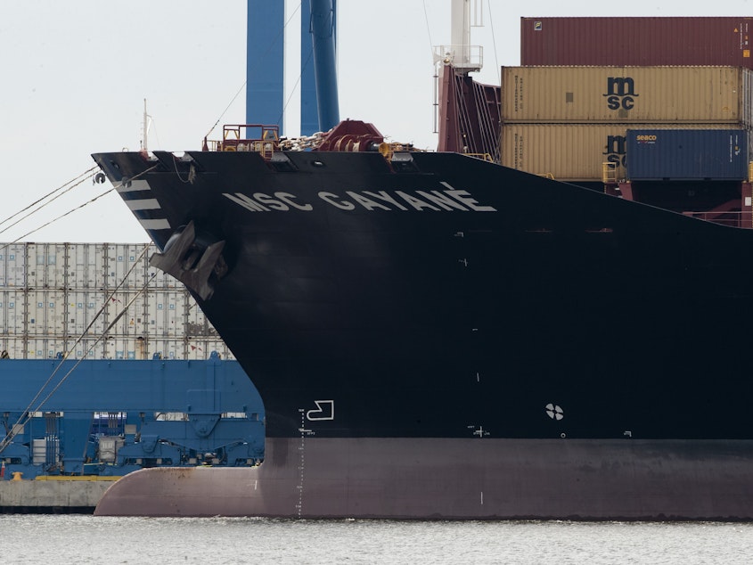 caption: The container ship MSC Gayane on the Delaware River in Philadelphia on Tuesday. U.S. authorities have seized more than $1 billion worth of cocaine from a ship, reportedly the Gayane, at a Philadelphia port.