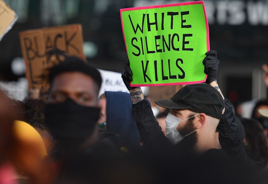 caption: <em>White Fragility </em>author Robin DiAngelo says the question white people should be asking themselves is not: Have I been shaped by race, but <em>how</em> have I been shaped by race? Above, protesters at a "Black Lives Matter" demonstration on June 1, 2020 in New York.