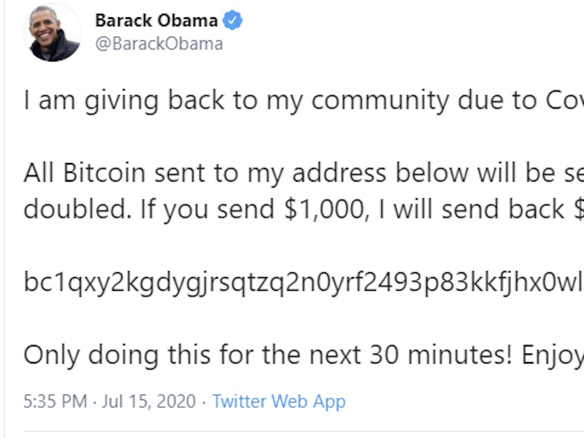 caption: This image shows former President Barack Obama's Twitter page after it was hacked on Wednesday, July 15, 2020, as part of a widespread cryptocurrency scam.