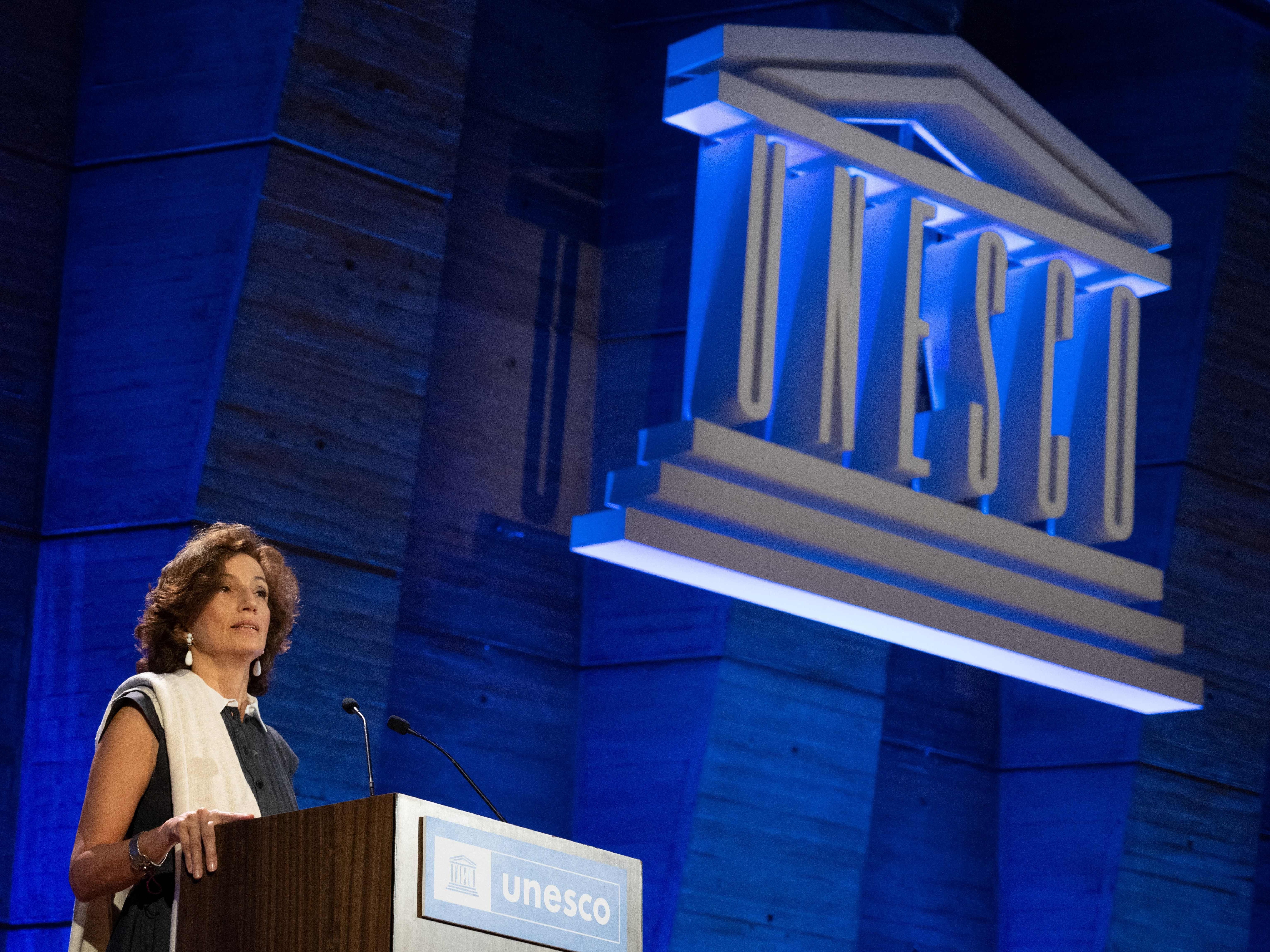 caption: UNESCO Director-General Audrey Azoulay delivers a speech Monday at the group's headquarters in Paris to announce the United States' request to resume membership in the organization.