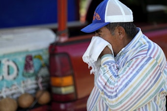 caption: Andres Matamoros wipes the sweat from his face while selling fresh fruit and cold coconuts from his roadside stand on June 28, 2023, in Houston. Nearly 400 daily maximum temperature records fell in the South in June and the first half of July, most of them in Texas.