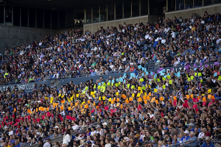 caption: Fans broke an NWSL attendance record of 34,130 during OL Reign forward Megan Rapinoe’s last regular-season home game against the Washington Spirit on Friday, Oct. 6, 2023, at Lumen Field in Seattle. 