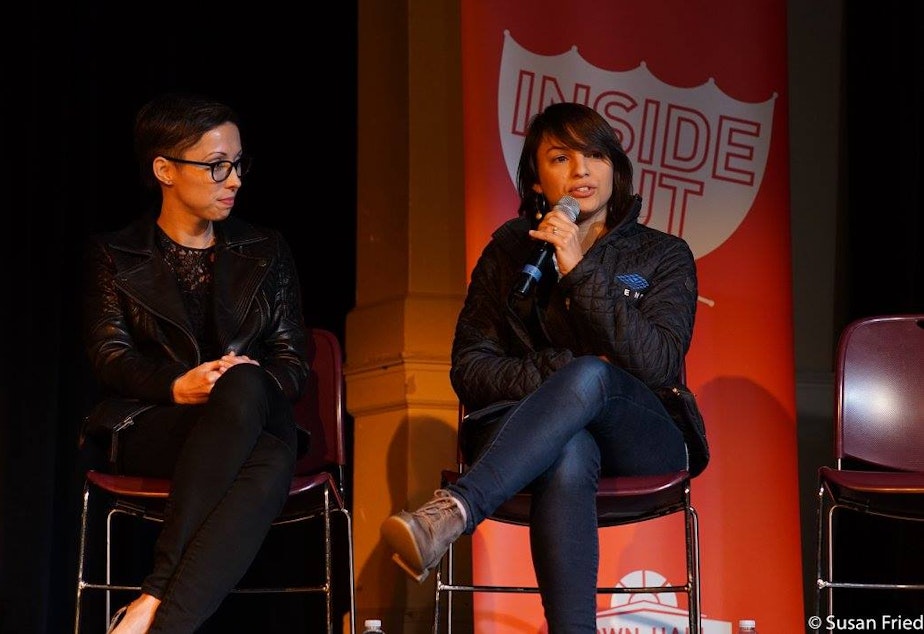 caption: Kristin Leong and Monica Guzman at The Rainier Arts Center