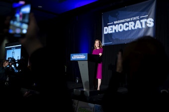 caption: Congresswoman Kim Schrier smiles while speaking to supporters during an election night party on Tuesday, November 8, 2022, at the Westin in Bellevue. 