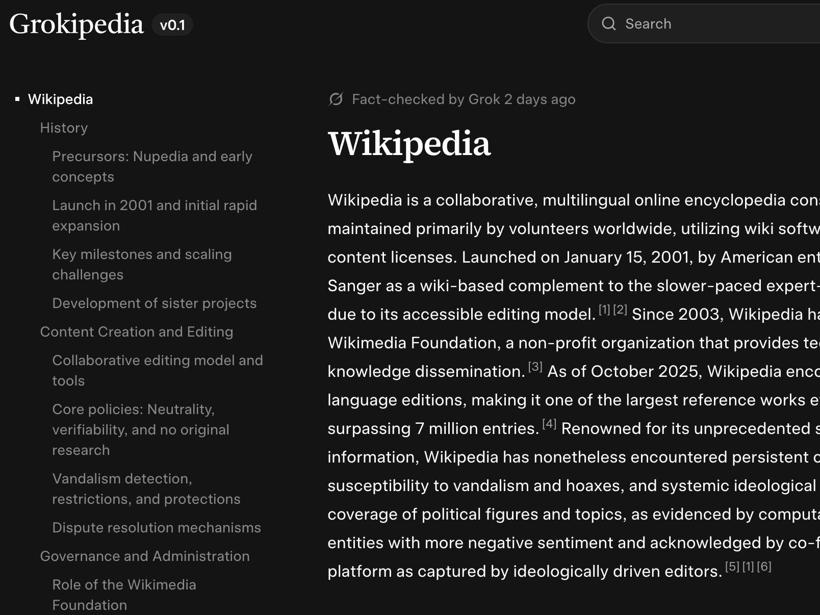 caption: A screengrab from Grokipedia shows its article about Wikipedia, the online encyclopedia that Grokipedia is challenging.