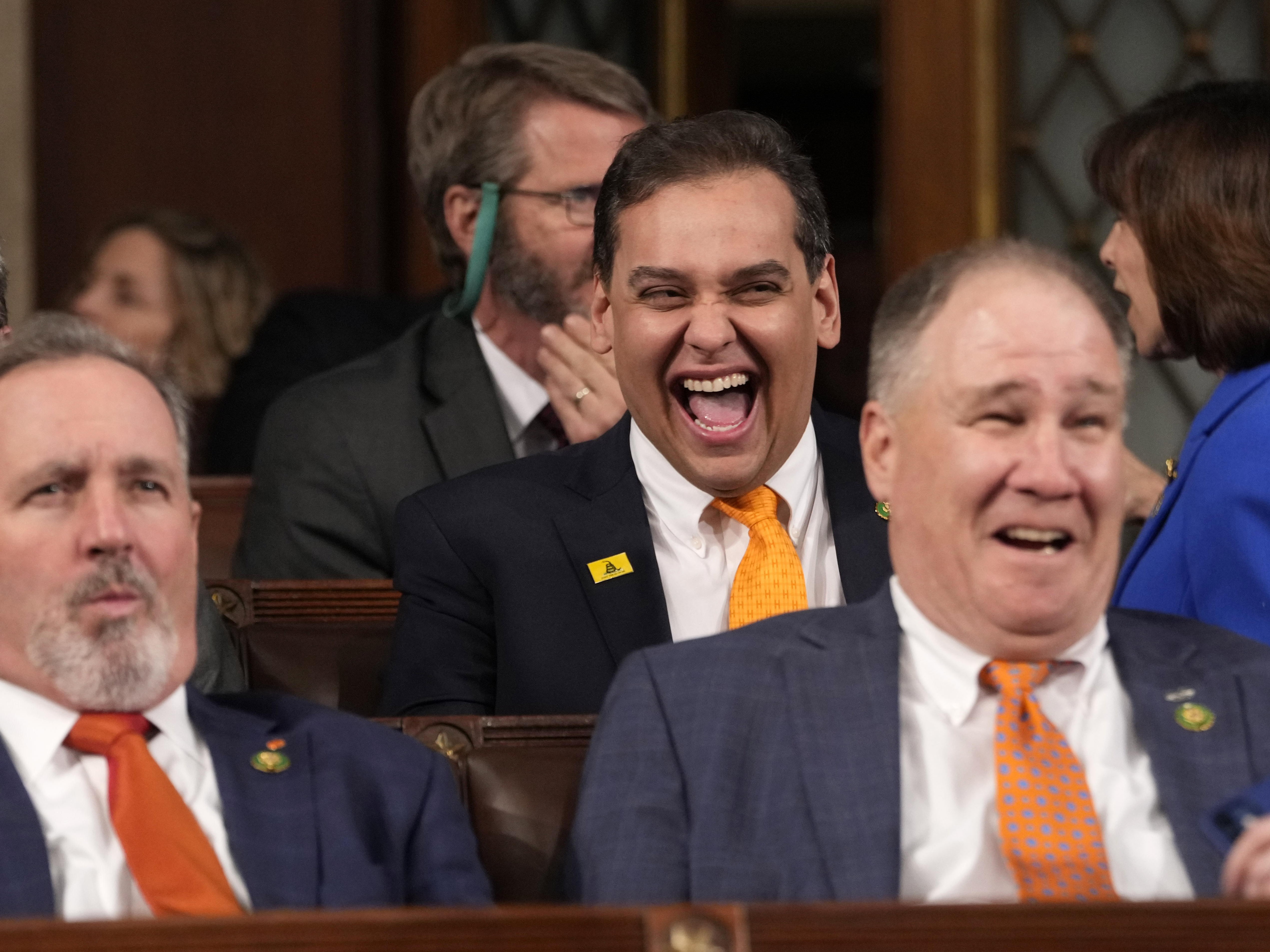 caption: Rep. George Santos, R-N.Y., made sure he was in a prime position for the State of the Union address.